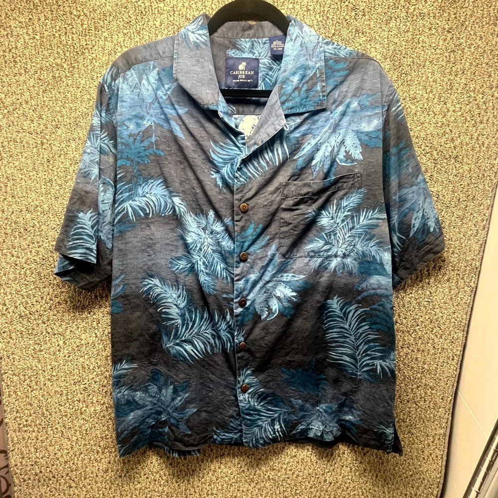 Caribbean Joe Mens Large Black Tropical Silk Hawaiian Button Up Shirt Palm Print